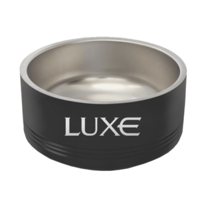 Black pet food bowl with Luxe logo lasered on the front