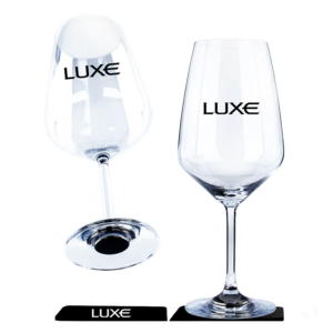 Silwy Magnetic Crystal Wine Glasses Set with Luxe Logo Appearing on Coaster Underneath and on Both Glasses