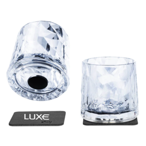 Silwy Tumbler Magnetic Drink Set with Luxe Logo Appearing on Coaster Underneath