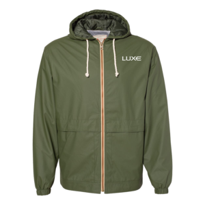 Bronze Green Colored Unisex Rain Jacket with White Luxe Logo