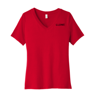 Red Colored Women's Jersey V-Neck Tee with Black Luxe Logo