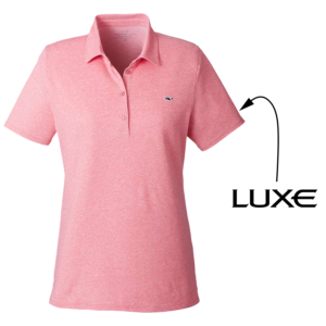 Lobster Reef Red Colored Women's Vineyard Vines Polo with Arrow Pointing to where the Luxe Logo Will be Embroidered on Left Sleeve