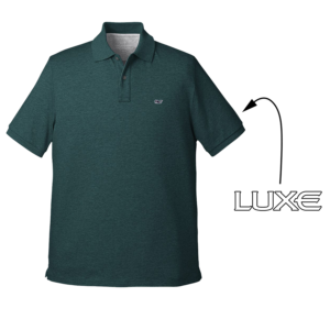 Charleston Green Colored Men's Vineyard Vines Polo with Arrow Pointing to where the Luxe Logo Will be Embroidered on Left Sleeve