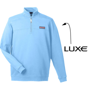 Jake Blue Colored Men's Vineyard Vines Quarter Zip Sweatshirt with Arrow Pointing to where the Luxe Logo Will be Embroidered on Left Sleeve