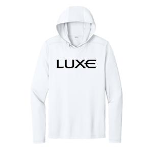 White Colored Men's UV Long Sleeve Hoodie with Black Luxe Logo