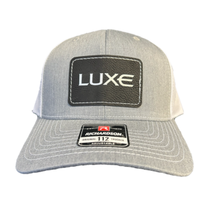 Heather Grey Front with White Mesh Richardson Hat with the Luxe Logo lasered on a patch on the front of the hat